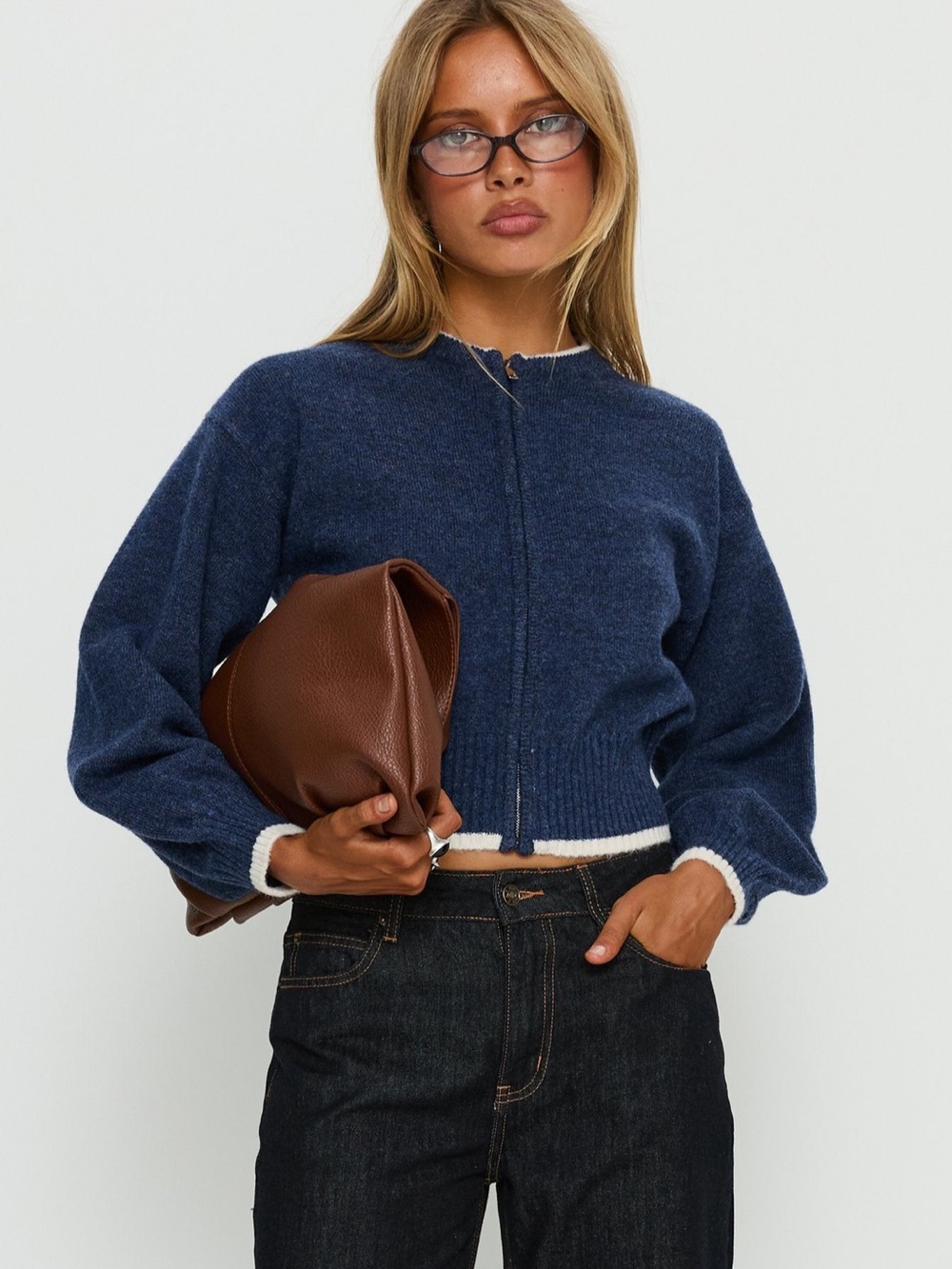 Princess Polly Navy Zip-Front Crew Sweater with White Trim - Picture 2 of 8